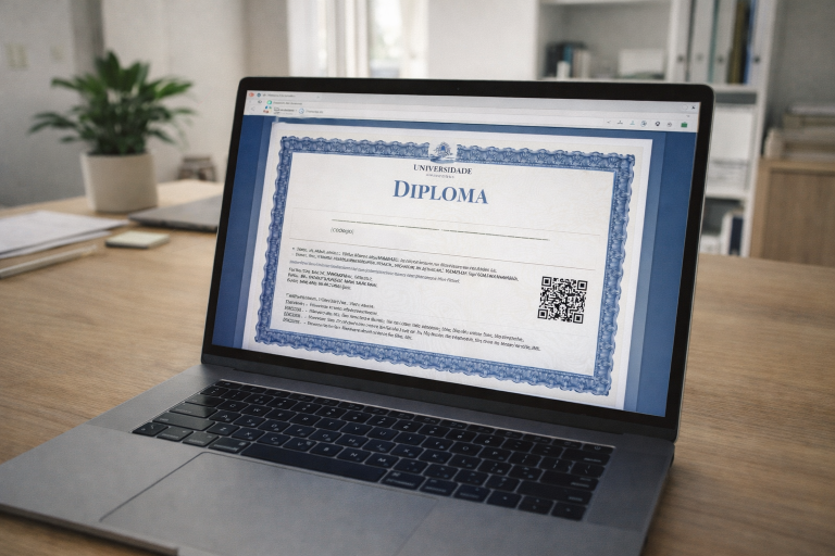 Tela de notebook exibindo a aprovação verde no site do Validador de Diploma Digital do MEC