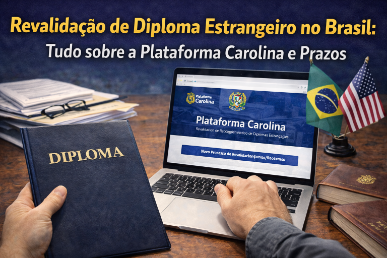 Passaporte, passagens aéreas e um diploma estrangeiro sobre a tela da Plataforma Carolina Bori